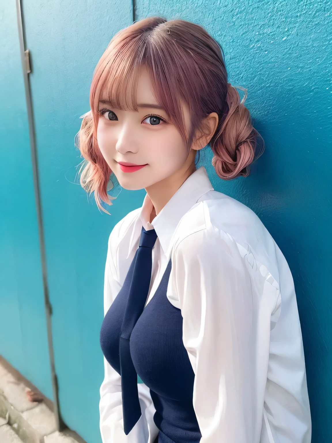 highest quality, figure, Pink Hair、sexy、slender、Red tie、White shirt with front opening、Navy blue exy、Shapely small breasts、sexy、sexy、Very detailed, Fine details,Slim body、slender、Japanese girl、 High resolution, 8k,wallpaper, Perfect dynamic composition, Beautiful fine details, Short Twin Tails、Big Natural Color Lip, smile、Cold Stare,-yeld giCute type、Lolita、Good Eyes、whole body,Light blue wall,Sexy thighs are visible、