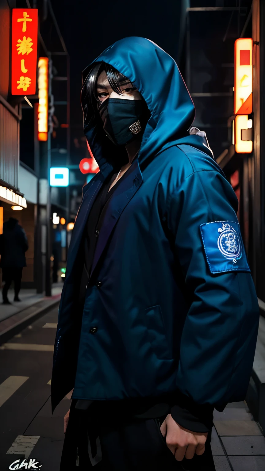 "Create a highly detailed and dynamic image of Yoru, the Japanese duelist from Valorant. Yoru is a stealthy and cunning character with a mysterious background. He should be depicted wearing his signature blue jacket, with a hood partially covering his face, and a confident, determined expression. His attire should have futuristic and samurai-inspired elements, with a sleek and modern design. Incorporate elements of his abilities, such as a ghostly afterimage to represent his 'Fakeout' ability and a glowing portal to symbolize his 'Gatecrash' ability. The background should be a dark, urban environment with neon lights, emphasizing his stealth and the high-tech world of Valorant."