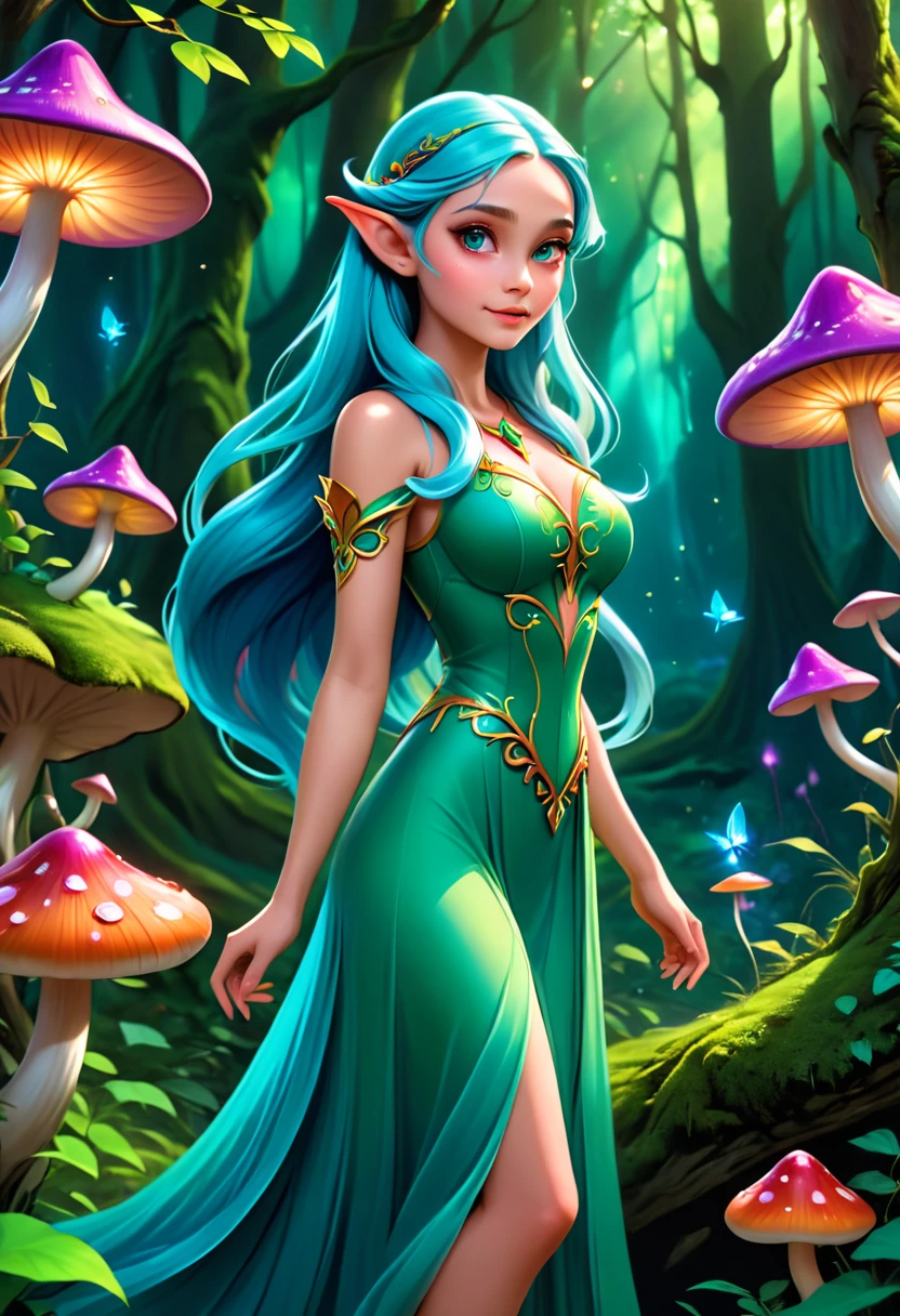 a beautiful elf girl, intricate fantasy elf character, pointed ears, elegant long hair, mystical glowing eyes, delicate facial features, ethereal skin, flowing dress, graceful pose, lush forest background, magical glowing mushrooms, fantasy landscape, cinematic lighting, detailed ornate details, vibrant colors, (best quality,4k,8k,highres,masterpiece:1.2),ultra-detailed,(realistic,photorealistic,photo-realistic:1.37)