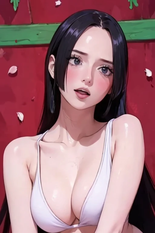 best quality, masterpiece, highly detailed,1girl, ((slime)), (vine), cage, bandage, red rope, (detail light), falling blood petals, Boa Hancock, , (masterpiece:1.5), Detailed Photo, Smiling, Sexy, (8K, Best Quality:1.4), (1girl), Beautiful Face, (anime realistic Face), (Black Hair, long Hair:1.3), Beautiful Hairstyle, Realistic eyes, beautiful detail eyes, (white skin), beautiful skin, absurd, attractive, ultra high resolution, ultra realistic, high definition, golden ratio, (sexually aroused:1.5), Pinkish white skin, cool white light, sexy pose, Beautiful , white background, pink soft white light, Wear a white dress, sexy, black lace bra, (nsfw:1.3),