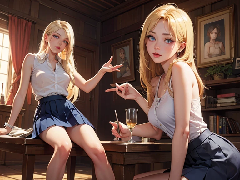 ((best quality)), ((masterpiece)), (detailed), 完美脸蛋winry rockbell, winry rockbell, blue eyes, Blonde Hair, off and on long hair, skirt, shirt, Jewel-like, white shirt, pleated skirt, ear nipple ring, Sleeveless, blue skirt, arms, Sleeveless shirt, off and on indoors, off and on looking at viewer, off and on (masterpiece:1.2), Best quality, high resolution, Unity8k wallpaper, (Implications:0.8), (Beautiful and delicate eyes:1.6), Extremely detailed face, perfect ligthing, 极其detailed CG, (Perfect hands, perfect anatomy),