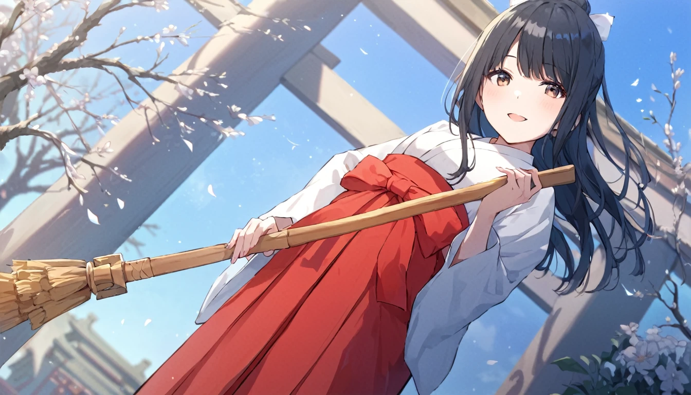 masterpiece, best quality, score_9, score_8_up, score_7_up, score_6_up, source anime, perfect anatomy, rating safe, absurdity, 1girl, miko, shrine maiden, white yukata, red long hakama, white juban,