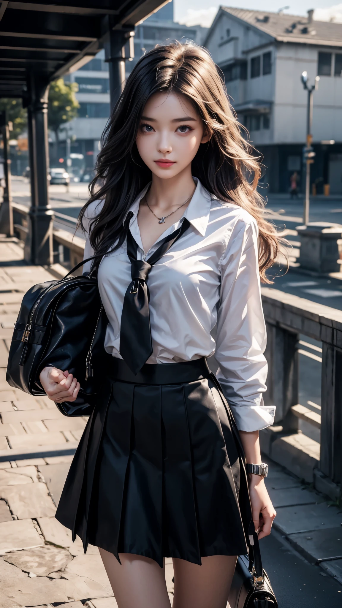 8K, UHD, masterpiece, 1 girl, good face, happy face, detailed eyes, very long hair, necklace, (school uniform), (black skirt), tie, school bag, in the bridge, cloudy weather, realism, depth of field, 3d, unreal engine 5, ray tracing, flowing wind,
