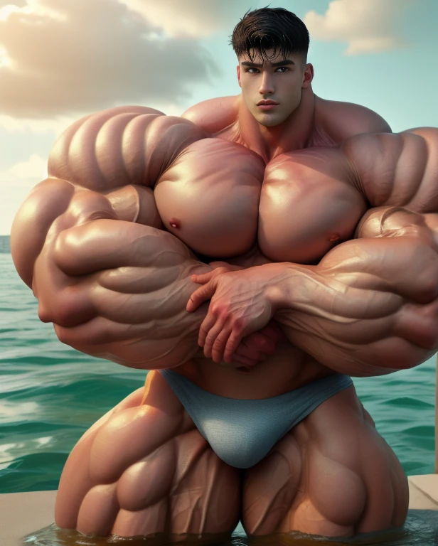 1 asian boy, handsome, giant, undercut black haircut, model shoot style, looking at camera, standing, stubble, outdoor, at the large ocean, strong body, bulk, shirtless, naked, wear grey underpants, bulge, big, brutalmass, giant, muscular body, bulk, massive body, large meaty body size, brown veiny skin, big arms, ballooning meaty pecs, big butt. wet, UHD, Realistic, intricate detail