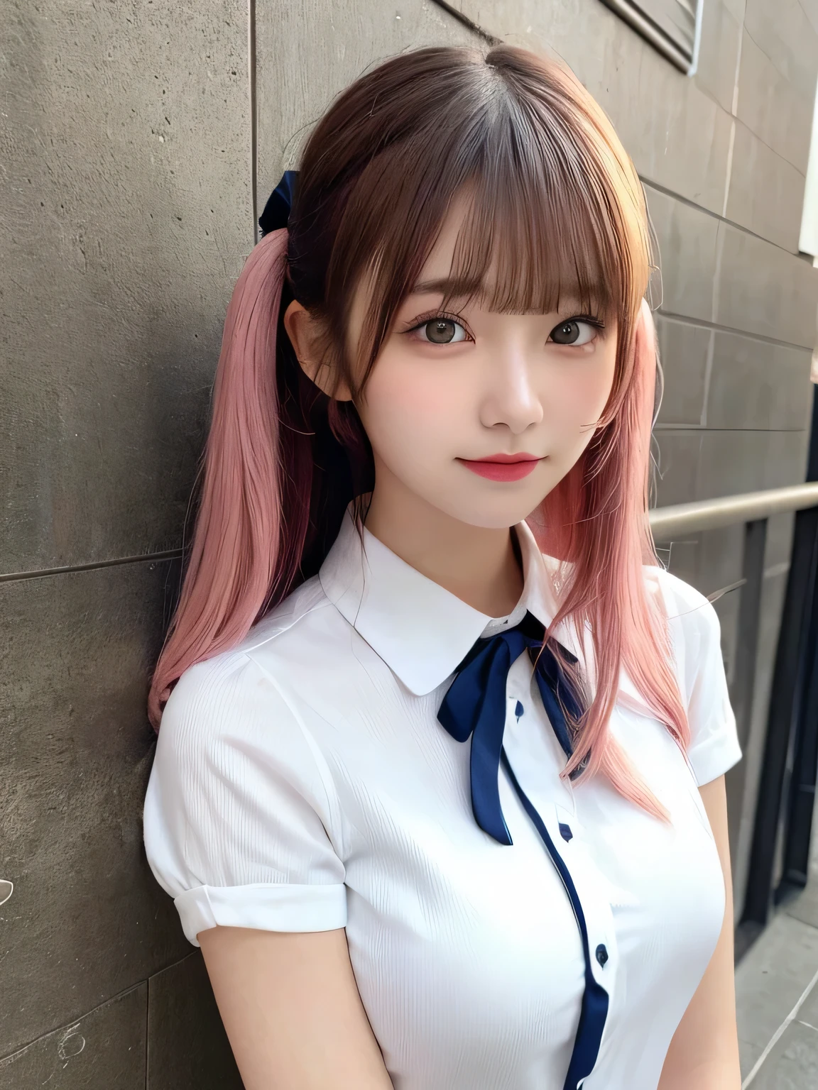 highest quality, figure, Pink Hair、sexy、slender、Red tie、White shirt with front opening、Navy blue exy、Shapely small breasts、sexy、sexy、Very detailed, Fine details,Slim body、slender、Japanese girl、 High resolution, 8k,wallpaper, Perfect dynamic composition, Beautiful fine details, Short Twin Tails、Big Natural Color Lip, smile、Cold Stare,14-year-old girl、Cute type、Lolita、Good Eyes、whole body,Light blue wall,Sexy thighs are visible、