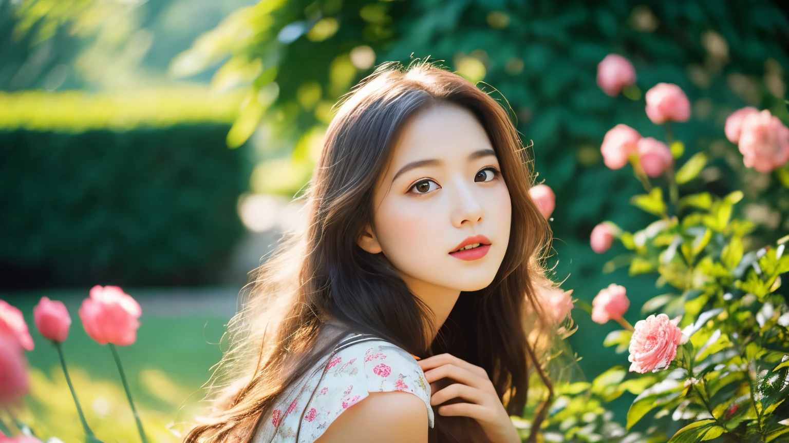 a beautiful young girl in a lush garden, long flowing hair, dreamlike expression, warm summer light, nostalgic memory, soft pastel colors, glowing skin, intricate floral details, delicate petals, serene atmosphere, romantic mood, cinematic lighting, photorealistic, 8k, highly detailed, masterpiece