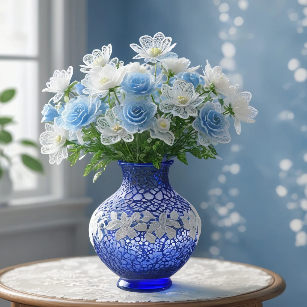 Blue and white laceで出来た花, Beautiful lace flowers, Lace flowers decorating the room, indoor, Beautiful glass vase, Blue and white lace, Very delicate lace, best quality:1.2, 4k, 8K, Very detailed, High Detail, masterpiece:1.2, 