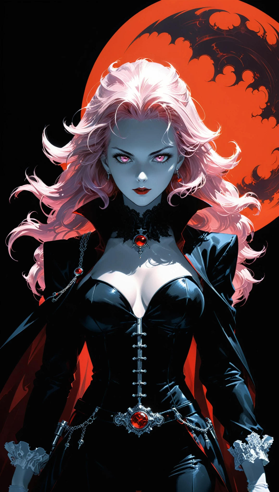 in style of Ashley Wood,in style of Nick Veasey,
(2d comic style:1.3),(1990s \(style\):1.3),(vampire hunter D style:1.2),charlotte, an aristocratic maiden closeup,vivid colors,(dynamic action:1.2),
BREAK
(Rose Quartz:1.3),(the red crescent moon background:1.4),sharp,sharp image,(insanely detailed and intricate, hypermaximalist, elegant, ornate, hyper realistic, super detailed:1.1),extremely detailed,Amazing resolution,8k,(Ray Tracing:1.3),masterpiece,(Particle Effects:1.3),(Beautiful Effects:1.3),
BREAK
(darkness:1.4),(extreme shadows:1.4),(Best Shadow:1.4),dark atmosphere,