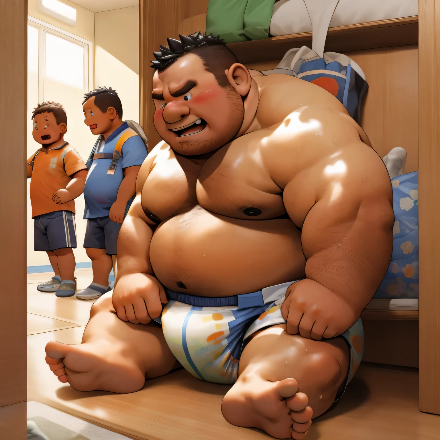 masterpiece, Top quality, in 32K, perfect anatomy, hyper detailed, super fine illustration, The thick man is a brutal prisoner, retarded, hairy human, 50yo in Japan, (fatness: 1.0), Fatty muscle, Bowleg, disappointment, incontinent, be diaper check by children, waddle, There is a small puddle under him, incontinent, Naked, short legs, Bowleg, spread legs, wear a White cloth Diaper, Bare belly, Bare legs, Bare foots, Bare soles, Shirtless, wide forehead and short thinning hair, Man with round face with stubble, Bare foots, Bare soles, shy, sissy, Weaker than children, Drool, Round face, steams, Solo, He enters nursery school and is despised by children, He surrounded by children, His bottom is wet, Bare foots, big butt, he is scolded by the children, White Diaper, He surrounded by children, sobbing, wear a White cloth Diaper, shirtless, There is a small puddle under him, He enters nursery school and is despised by children, big butt, sobbing, He crawling to go to children, on all fours, side view