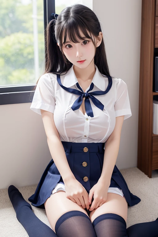 White short-sleeved button-front shirt、Navy blue mini skirt、high school girl、Transparent nipples、Cleavage、Knees up and legs wide open to show off genitals、Large ribbon on the chest、No underwear、No bra、Long black hair、ponytail、Big Breasts、Embarrassed expression、Droopy eyes、Knee-high socks、highest quality