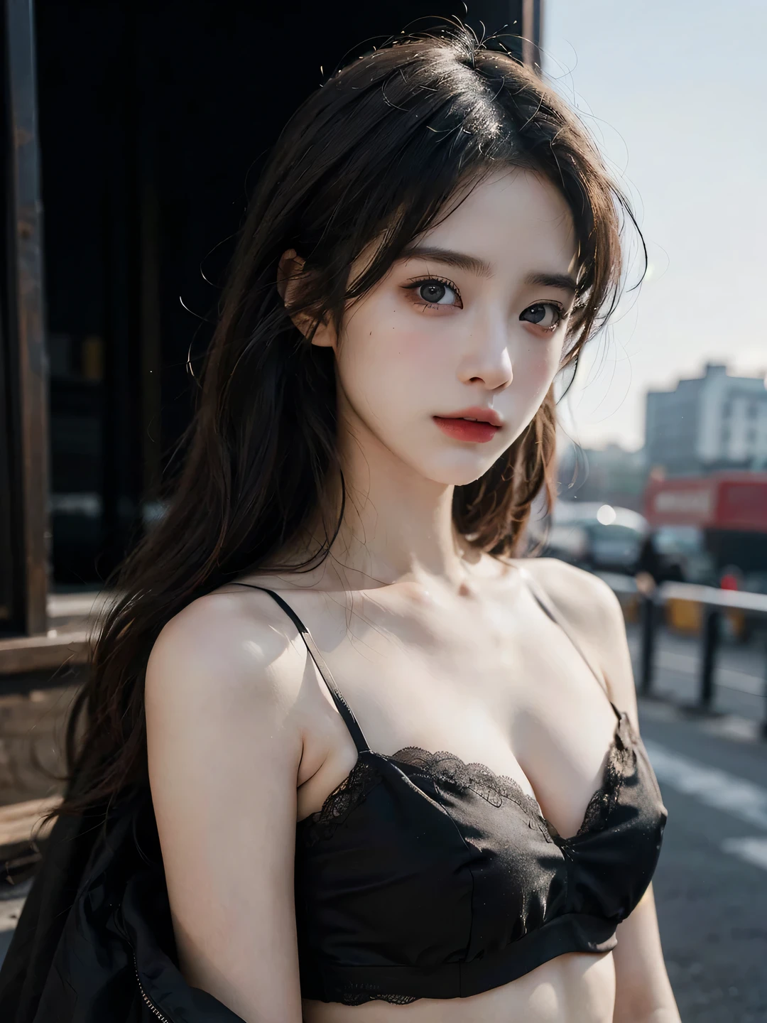 1girl, (looking at viewer:1.2), detail face, (a girl standing, rending on cgsociety, black shadows, streaming, new york backdrop), romanticism, atmospheric, (RAW photo, best quality), (realistic, photo-realistic:1.3), masterpiece, an extremely delicate and beautiful, extremely detailed, D cup,Cleavage,Translucent tube top1.5,