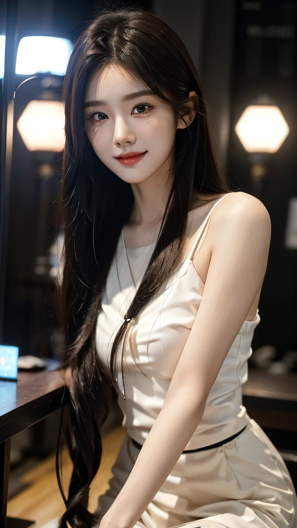 masterpiece、top-quality)、1 beutiful girl、in the black villa , , (Detailed beautiful eyes), ((Detailed skin)) , ((Detailed medium hair))、((Boyish Brown Medium Hair))、((Smaller face))、((Neutral face))、((Light brown eyes))、((Korean Girl))、((18year old))、((cool lady))、((A shy smile on his face))、((Korean Makeup))、((elongated and sharp eyes))、((Happy dating))、((boyish))、on the black villa), ((CG rendering)), ((Blurred background)), ((16K)), ((Very detailed)), ((wallpaper)), ((depth of field)), ((movie light)), (( Ray tracing)).