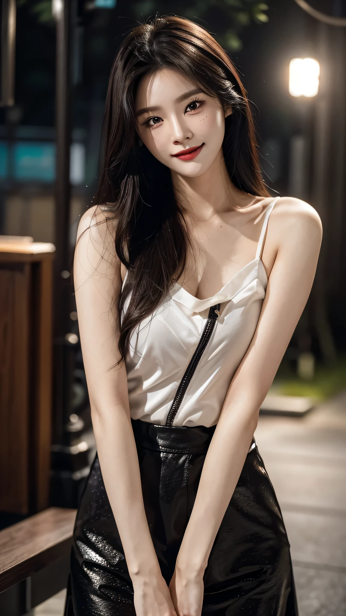 ​masterpiece、top-quality)、1 beutiful girl、in the black villa , , (Detailed beautiful eyes), ((Detailed skin)) , ((Detailed medium hair))、((Boyish Brown Medium Hair))、((Smaller face))、((Neutral face))、((Light brown eyes))、((Korean Girl))、((18year old))、((cool lady))、((A shy smile on his face))、((Korean Makeup))、((elongated and sharp eyes))、((Happy dating))、((boyish))、on the black villa), ((CG rendering)), ((Blurred background)), ((16K)),  ((Very detailed)), ((wallpaper)), ((depth of field)), ((movie light)), (( Ray tracing)).