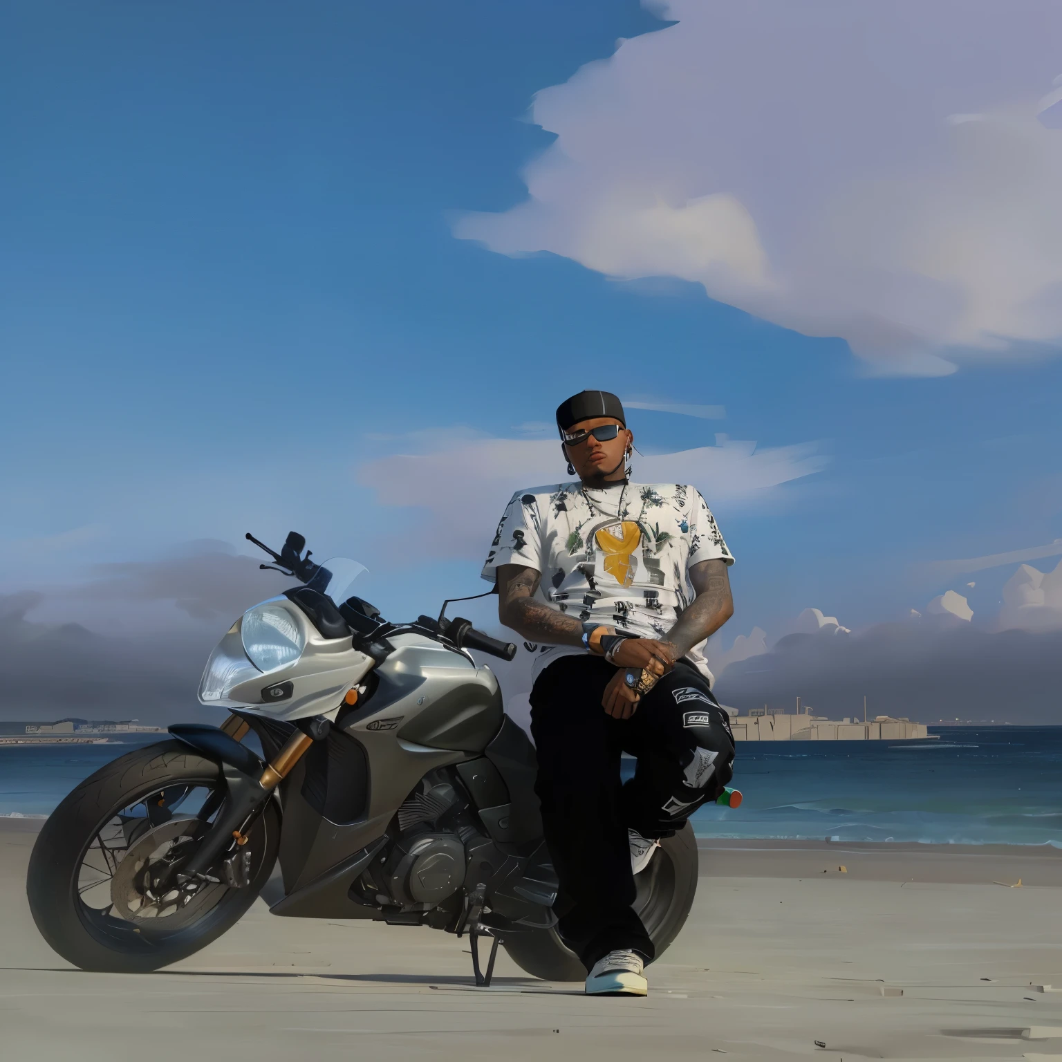 There is a man sitting on a motorcycle on the beach, estilo gta 6, personagem gta, motociclista, como um personagem do GTAV, ovelha, fundo de praia longa, neymar in gta v, Drake no GTA V, modelos yasuke 5 0 0 px, estilo de arte gta, gta vi, vida de bandido, estilo gta vice city, realism art style