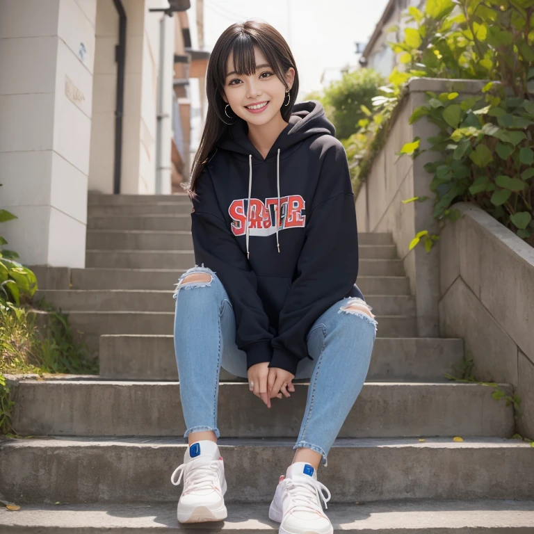 highest quality, Realistic, Very detailed, Finer details, High resolution, 8k wallpaper, One beautiful woman,Sit on the stairs、smile、(Colorful socks)、 Oversized hoodie, Skinny jeans,( Black sneakers)、Black Hair、 Beautiful Bangs、ear piercing、Perfect dynamic composition, Beautiful and exquisite, Full Body Shot, A big smile 開始待ち