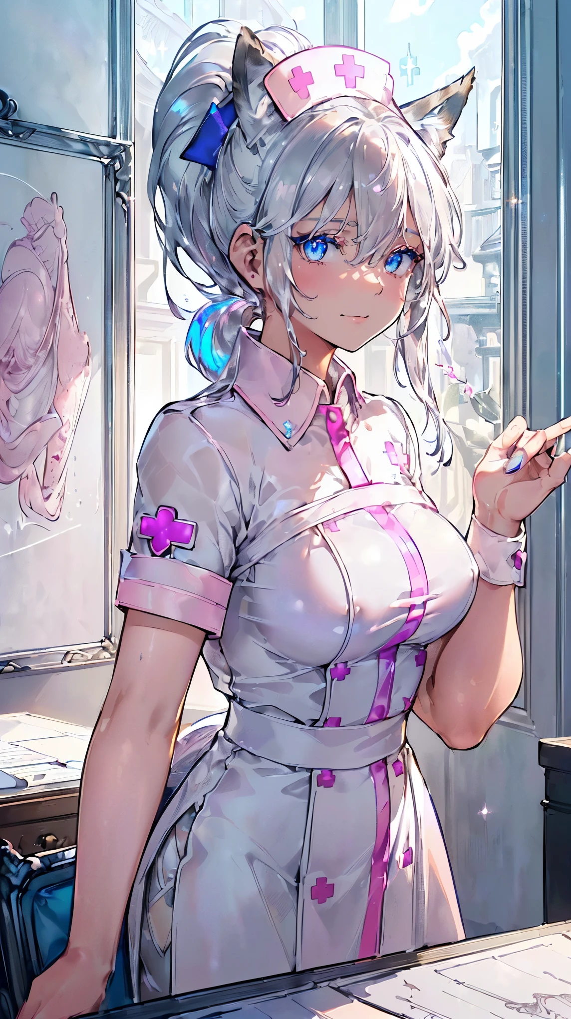(((Masterpiece))), (((Highest quality))), ((Ultra-detailed)), ((Super fine illustration)), ((Ultra-fine painting)), (Upper body:1.4), HDR, (Highly detailed and delicate illustration style:1.8), Detailed skin texture, Detailed cloth texture, Extreme detailed description, (T-masterpiece), (Highly detailed face:1.4), (Highly detailed silver fox ears:1.2), (Highly detailed and beautiful silver ponytail:1.2), (Highly detailed and beautiful blue eyes:1.2), Original, RAW photo, Professional, Intricate details, Super details, Iridescent light:1.7, Direct light:1.6, (Perfect anatomy:1.4), (Highly detailed hands:1.2), (Highly detailed fingers:1.2), (Highly detailed fingertips:1.2), (27-years-old), Real, (Solo:1.8), ((Very beautiful and attractive silver fox fashion model:1.4)) BRAKE (Beautiful and adorable silver fox ears:1.8), (Highly detailed and delicate silver fox ears:1.4), (Beautiful and well-shaped big breasts:1.2), (Beautiful and well-shaped buttocks), ((Very beautiful and shiny rainbow-colored ponytail, colorful ponytail:1.6)), ((Very beautiful and transparent blue eyes that shine in iridescent colors, colorful eyes:1.4), (Beautiful and clear blue eyes with sparkling details:1.6)), (highly detailed face:1.4), (Smile:1.3), (Blush:1.2), (Looking at viewer:1.4) BRAKE (Concept art:1.2), (Detailed fantasy art:1.2) BRAKE ((Highly detailed and delicate nurse station:1.6), (meeting counter:1.4), (desk:1.4), (chair:1.4), (Personal computer:1.4), (medicine cabinet:1.4)), (Different world:1.2), (Just after noon:1.4), (16K highest quality wallpaper:1.4), ((Highly detailed and delicate nurses station in the background:1.4)) BRAKE ((Pink:1.25) beautiful nurse outfit:1.4) BRAKE