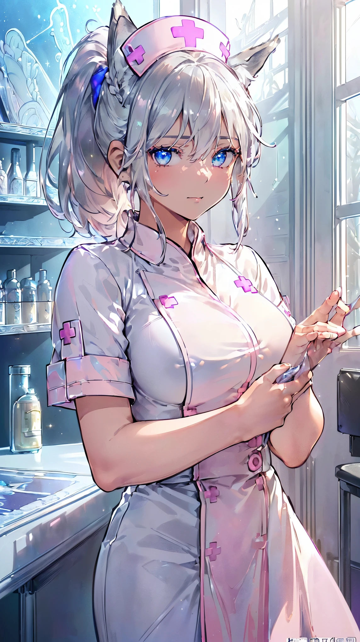 (((Masterpiece))), (((Highest quality))), ((Ultra-detailed)), ((Super fine illustration)), ((Ultra-fine painting)), (Upper body:1.4), HDR, (Highly detailed and delicate illustration style:1.8), Detailed skin texture, Detailed cloth texture, Extreme detailed description, (T-masterpiece), (Highly detailed face:1.4), (Highly detailed silver fox ears:1.2), (Highly detailed and beautiful silver ponytail:1.2), (Highly detailed and beautiful blue eyes:1.2), Original, RAW photo, Professional, Intricate details, Super details, Iridescent light:1.7, Direct light:1.6, (Perfect anatomy:1.4), (Highly detailed hands:1.2), (Highly detailed fingers:1.2), (Highly detailed fingertips:1.2), (27-years-old), Real, (Solo:1.8), ((Very beautiful and attractive silver fox fashion model:1.4)) BRAKE (Beautiful and adorable silver fox ears:1.8), (Highly detailed and delicate silver fox ears:1.4), (Beautiful and well-shaped big breasts:1.2), (Beautiful and well-shaped buttocks), ((Very beautiful and shiny rainbow-colored ponytail, colorful ponytail:1.6)), ((Very beautiful and transparent blue eyes that shine in iridescent colors, colorful eyes:1.4), (Beautiful and clear blue eyes with sparkling details:1.6)), (highly detailed face:1.4), (Smile:1.3), (Blush:1.2), (Looking at viewer:1.4) BRAKE (Concept art:1.2), (Detailed fantasy art:1.2) BRAKE ((Highly detailed and delicate nurse station:1.6), (meeting counter:1.4), (desk:1.4), (chair:1.4), (Personal computer:1.4), (medicine cabinet:1.4)), (Different world:1.2), (Just after noon:1.4), (16K highest quality wallpaper:1.4), ((Highly detailed and delicate nurses station in the background:1.4)) BRAKE ((Pink:1.25) beautiful nurse outfit:1.4) BRAKE 