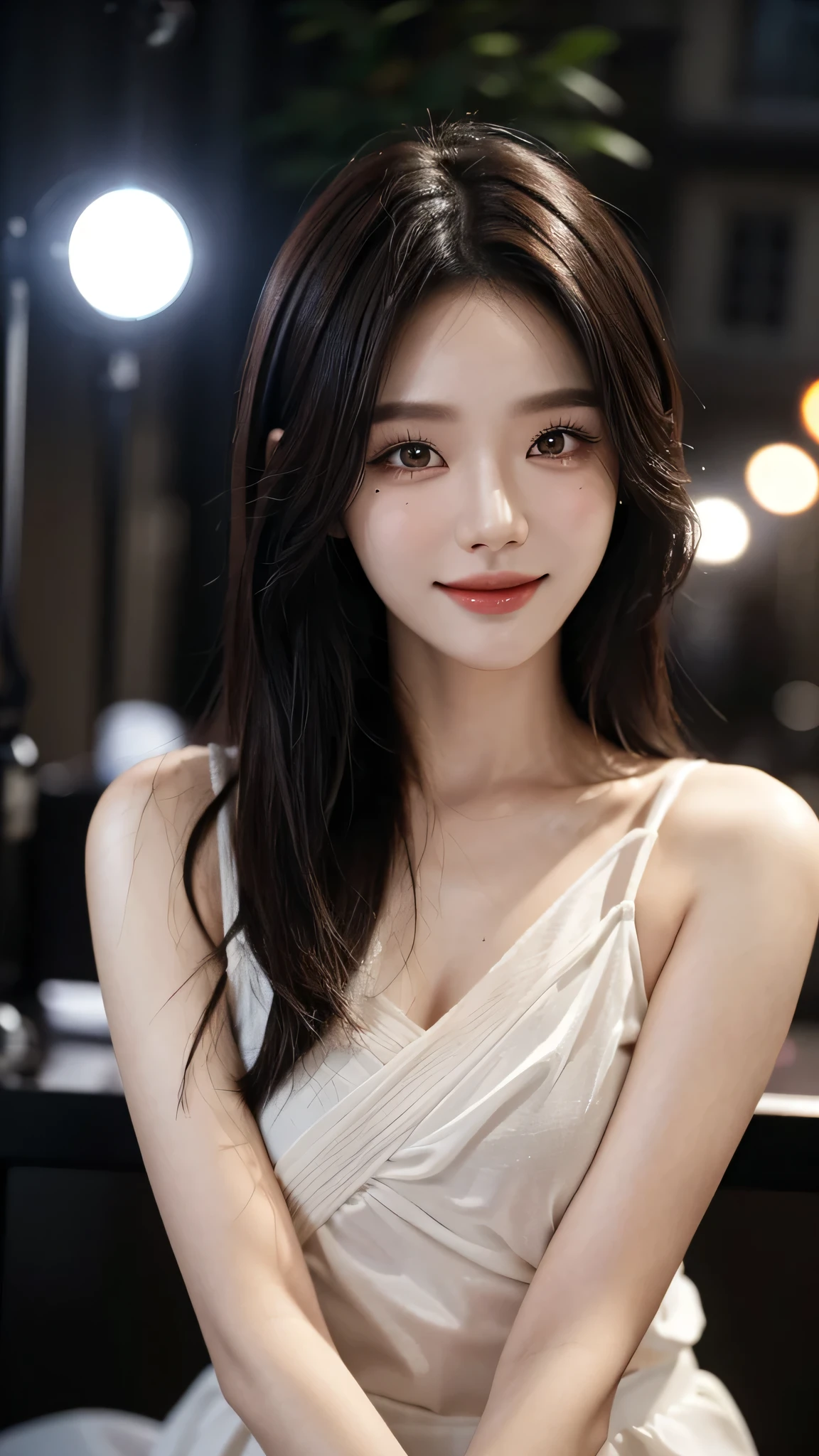 ​masterpiece、top-quality)、1 beutiful girl、in the black villa , , (Detailed beautiful eyes), ((Detailed skin)) , ((Detailed medium hair))、((Boyish Brown Medium Hair))、((Smaller face))、((Neutral face))、((Light brown eyes))、((Korean Girl))、((18year old))、((cool lady))、((A shy smile on his face))、((Korean Makeup))、((elongated and sharp eyes))、((Happy dating))、((boyish))、on the black villa), ((CG rendering)), ((Blurred background)), ((16K)),  ((Very detailed)), ((wallpaper)), ((depth of field)), ((movie light)), (( Ray tracing)).