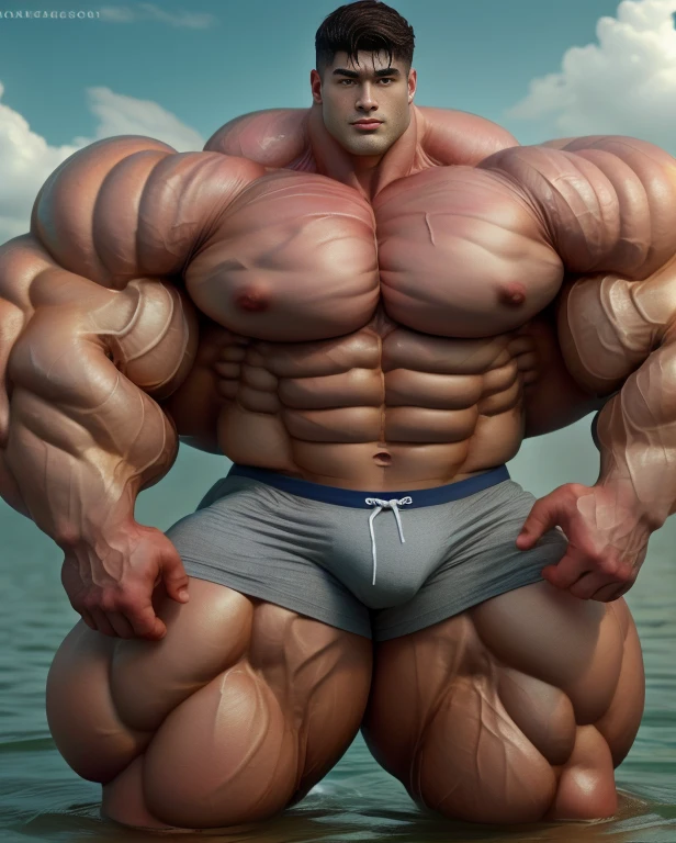 1 asian boy, handsome, giant, undercut black haircut, model shoot style, looking at camera, standing, stubble, outdoor, at the large ocean, strong body, bulk, naked, wear grey underpants, bulge, big, brutalmass, giant, muscular body, bulk, massive body, large meaty body size, brown veiny skin, big arms, ballooning meaty pecs, big butt. wet, UHD, Realistic, intricate detail