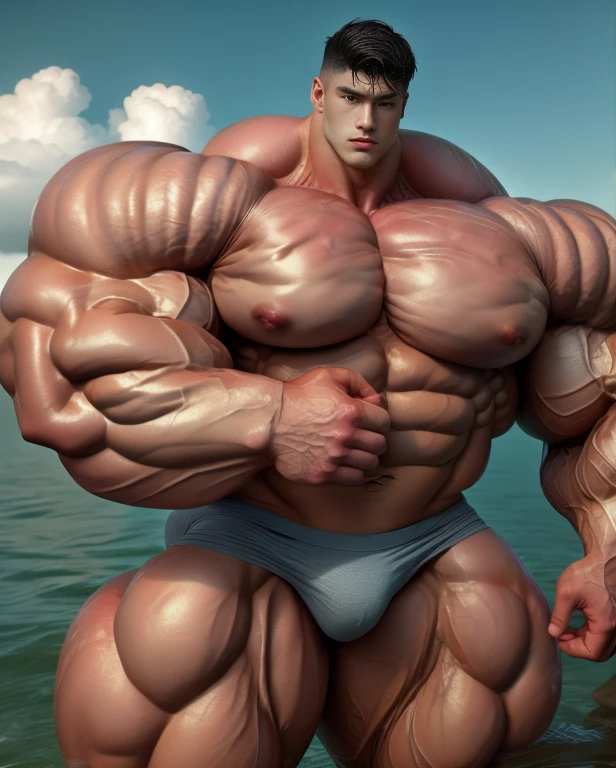 1 asian boy, handsome, giant, undercut black haircut, model shoot style, looking at camera, standing, stubble, outdoor, at the large ocean, strong body, bulk, naked, wear grey underpants, bulge, big, brutalmass, giant, muscular body, bulk, massive body, large meaty body size, brown veiny skin, big arms, ballooning meaty pecs, big butt. wet, UHD, Realistic, intricate detail