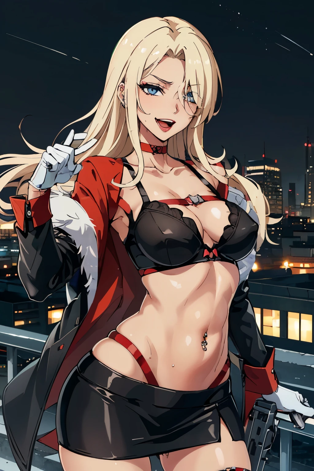 1girl, (sexy, beautiful woman, perfect face, perfect eyes, perfect female body, medium breasts:1.5), (KurumiSSakazaki, long hair, blonde hair, gloves, red choker, hair over one eye, lipstick, fur trim, mature female, gloves, fur-trimmed coat, outdoors, rooftop, cityscape, building, railing, night, night sky, scenery, city lights, lipstick, masterpiece, best quality, highly detailed, a girls with a gun, open mouth, blazer, sexy gaze, (nsfw) not
safe for work, badass pose , evil smile, smile, black bra, anime girl with long hair, long haired girl,
navel, evil expression, exposed belly, exposed navel, exposed midriff, exposed lower belly, micro
miniskirt, micro pencil skirt, pencil skirt ,holding a gun,, navel piercing