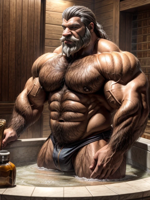 burly virile hairy man, a himbo muscle daddy, middle-aged dilf, hirsute, overmuscular and musclebound, bulging veiny muscles, bushy beard and thick mustache, grey hair, a bodybuilder's physique, a warrior's build, chest and belly covered with a lush and thick carpet of hair, hairy chest, hairy abs, hairy arms and legs, wet and covered in bubbles and white foam as he washes himself in the public bath, scrubbing his body