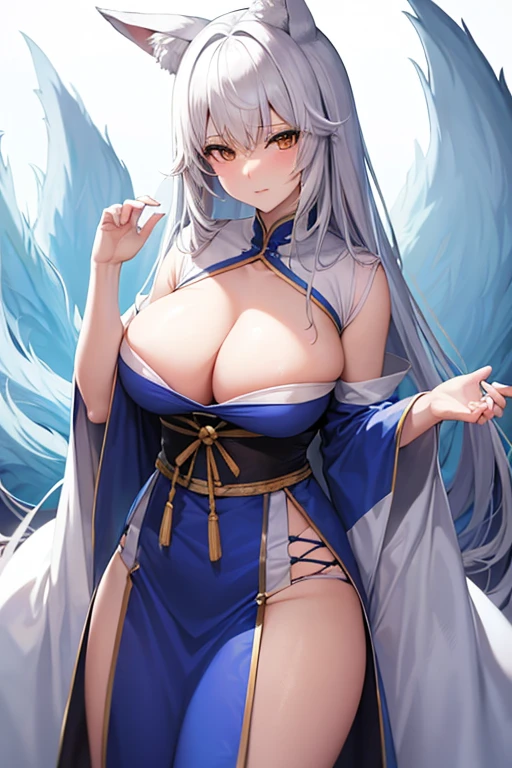 Anime femenino, kitsune blanca, hermosa, rodeada de zorros blancos, con grandes tetas