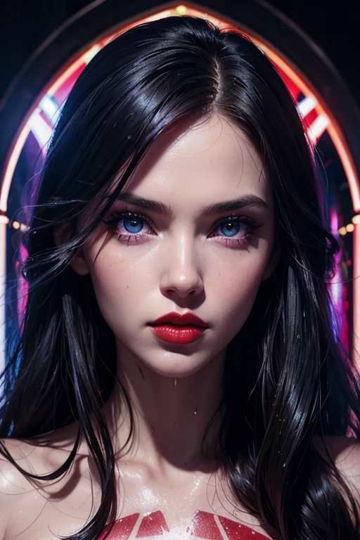close-up of a woman with red lip and blue eyes, wet lips, inspired by David LaChapelle, glossy and wet, Arch album cover, Karel Tole, detailed face with Red lips, Chapel of David, glossy digital painting, suspiria and neon demon style, Red lips, stephen bliss, David Sorrenti, blue lips