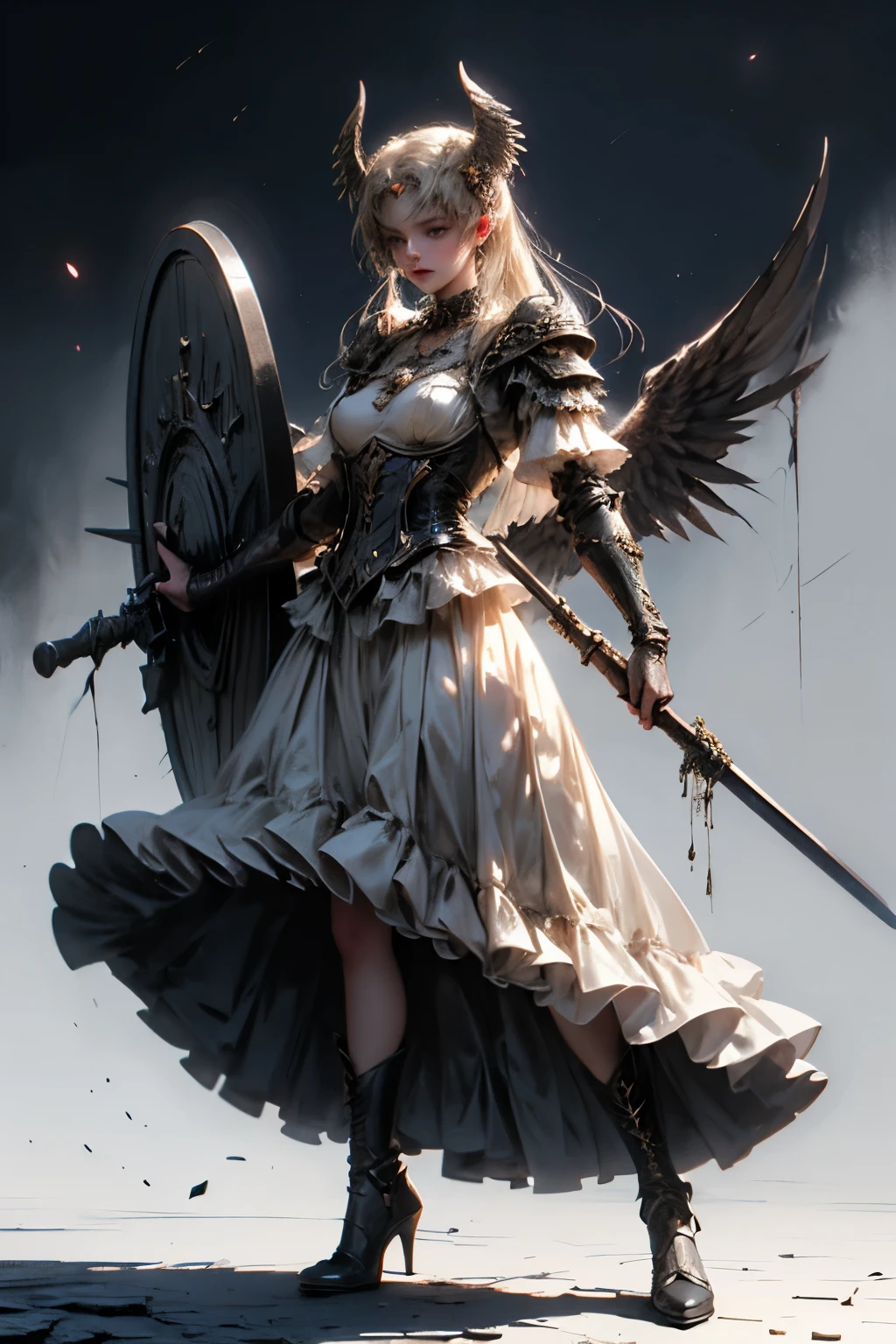 ((best quality)), ((masterpiece)), (detailed), perfect face ((best quality)), ((masterpiece)), (detailed), blank white background, plain background, white background, Bloodborne inspired, occult aesthetic, occult, detailed and intricate steampunk and detailed gothic, NSFW, Very dramatic and cinematic lighting, cosmic horror, grim-dark, side-lighting, perfect face, a beaituful goddess valkyrie adorned and enshrined in armour, Bloodborne inspired valkyrie, occult aesthetic valkyrie, occult valkyrie, detailed and intricate steampunk and detailed gothic valkyrie, wielding a sword and holding a shield, NSFW, Fluttering lace flared long knee length dress with frilly petticoats, knee length dress, pleated petticoats, lolita dress, petticoats gothic lolita, side-lighting, gothic lolita aesthetic, beautiful small breasts, small breasts, full body, whole body, body, plain background, white background, blank background, no background, white background NSFW, full body, whole body, head-to-toe