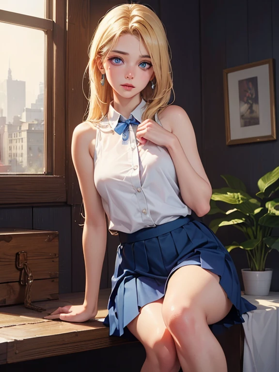 ((best quality)), ((masterpiece)), (detailed), Perfect face, winry rockbell, blue eyes, Blonde Hair, off and on long hair, skirt, shirt, Jewel-like, white shirt, pleated skirt, ear nipple ring, Sleeveless, blue skirt, arms, Sleeveless shirt, off and on indoors, off and on looking at viewer, off and on (masterpiece:1.2), Best quality, high resolution, Unity8k wallpaper, (Implications:0.8), (Beautiful and delicate eyes:1.6), Extremely detailed face, perfect ligthing, 极其detailed CG, (Perfect hands, perfect ???????),