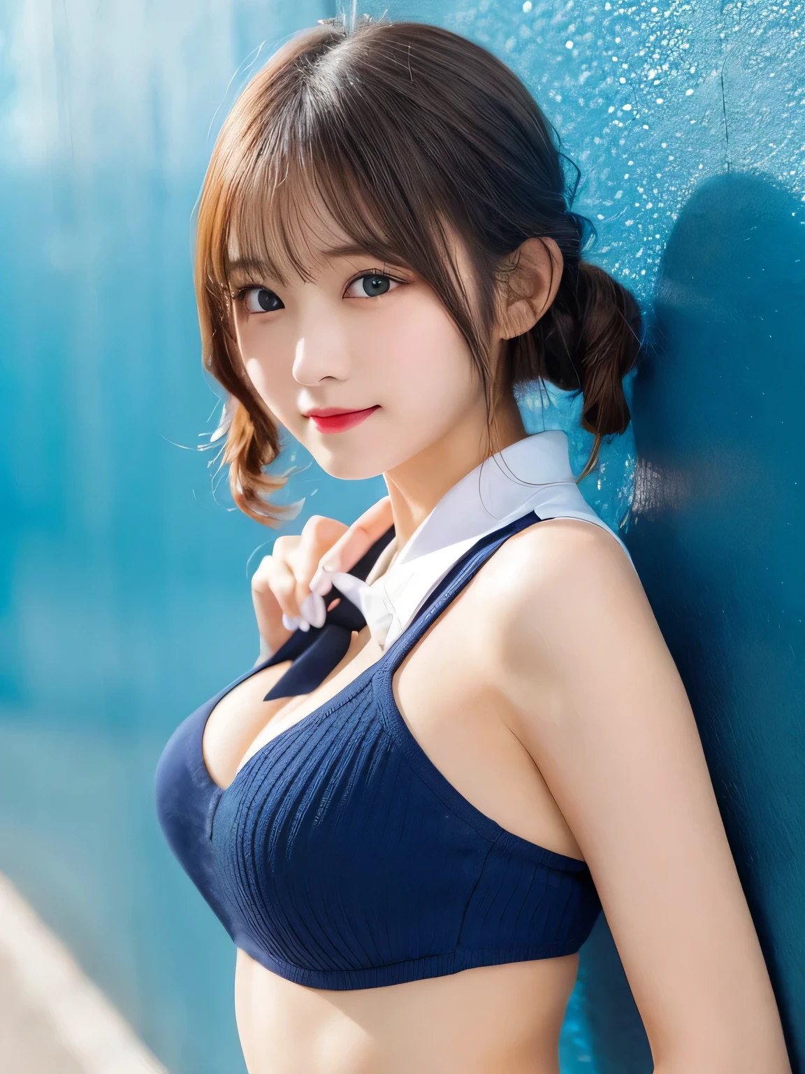 highest quality, figure, Blonde、sexy、slender、Red tie、Navy blue open front shirt、Navy blue exy、Shapely small breasts、sexy、sexy、Very detailed, Fine details,Slim body、slender、Japanese girl、 High resolution, 8k,wallpaper, Perfect dynamic composition, Beautiful fine details, Short Twin Tails、Big Natural Color Lip, smile、Cold Stare,、Cute type、Lolita、Good Eyesle body,Light blue wall,Sexy thighs are visible、