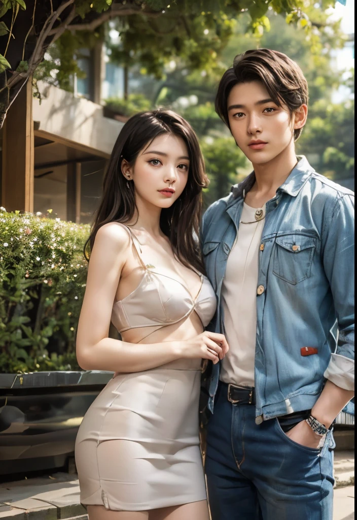 A pair of friends standing under a tree in the park，couple姿势，[The Art of Mathematics]!,lifelike的画面，lifelike!!!!!!Art style， 浪漫的couple， 可爱的couple， couple肖像， couple， Beautiful style， ， Official fan art， Beautiful Art，， Produced in collaboration with animation artist studio