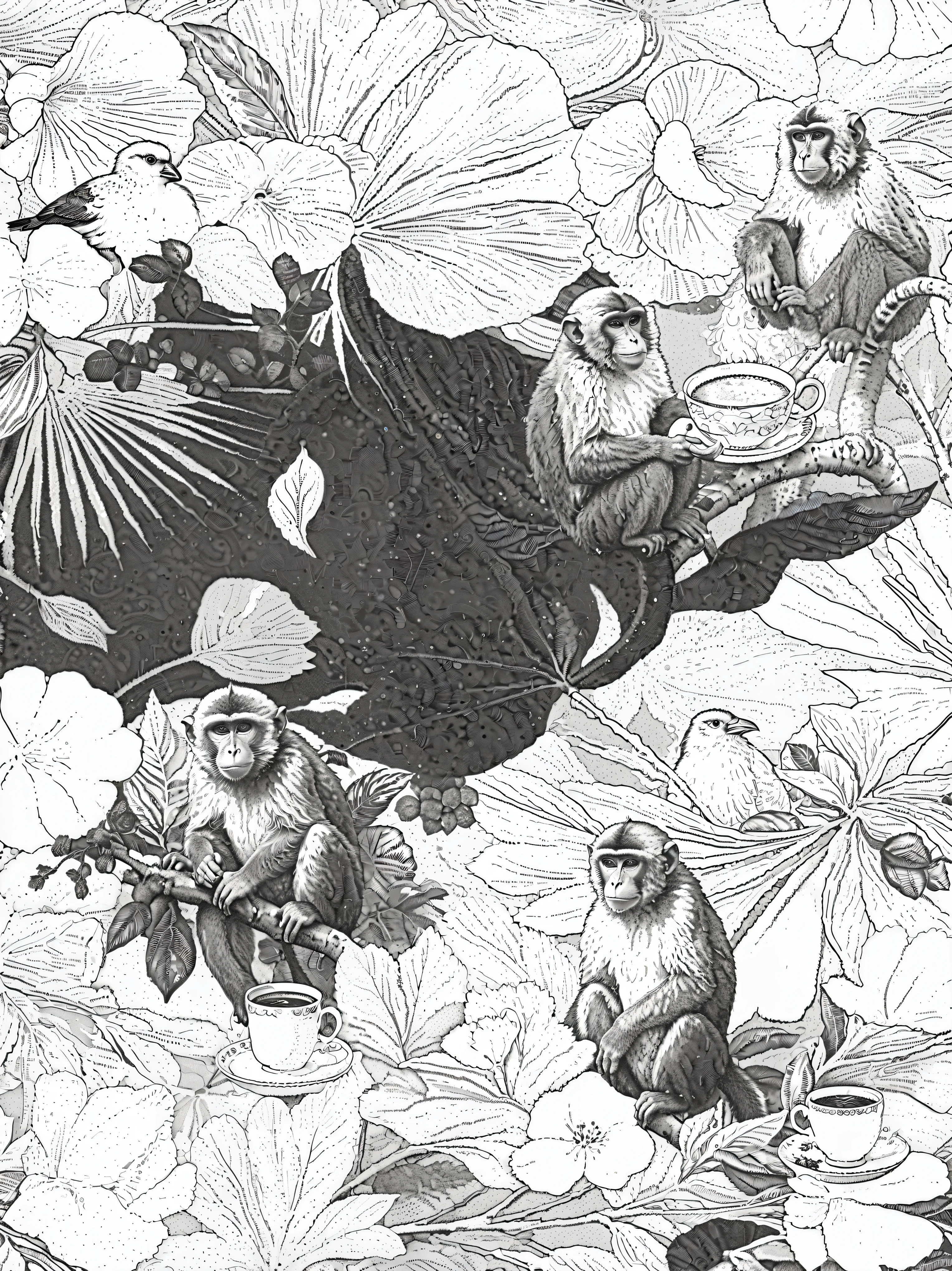 there are many monkeys sitting on the flowers, line - art, black and whitehighly detailed, engraving illustration, black and white detailed sketch, highly detailed linework, black and white engraving, sketch black and white colors, highly detailed drawing, botanic foliage, botanical background, extremely detailed linework, black on white line art, black and white line art, a flock of beautiful monkeys sitting on colorful flowers and coffee cups, black and white line art, highly detailed engraving illustration, victorian style, intricate detailed sketch, chiaroscuro lighting, photorealistic, (best quality,4k,8k,highres,masterpiece:1.2),ultra-detailed,(realistic,photorealistic,photo-realistic:1.37)