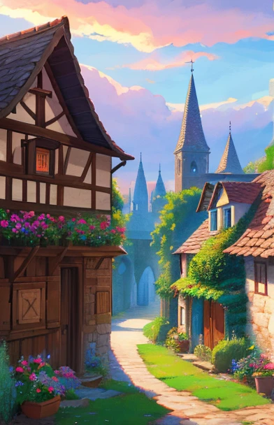 Large medieval village, colorful sky, trees, drawing, fantasy, zoomed out.