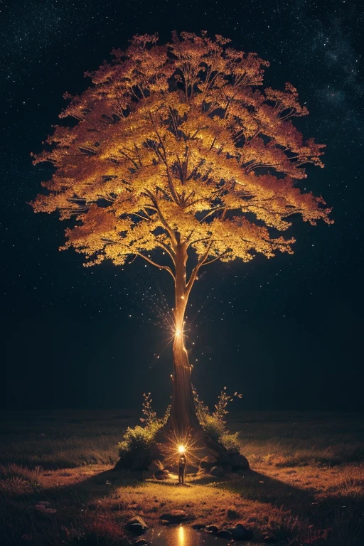 A shimmering cosmic Tree of Life, its golden branches reaching towards the heavens. This bewitching image is a digital artwork that portrays the ethereal beauty of a sacred tree, signifying life and growth. The intricate details of the tree's branches and leaves shimmer with a beautiful light, symbolizing hope and renewal. The overall composition is a masterful blend of light and shadow, creating a mesmerizing and otherworldly atmosphere full of flowers that captivates the viewer's imagination), Detailed Textures, high quality, high resolution, high Accuracy, realism, color correction, Proper lighting settings, harmonious composition, Behance works.