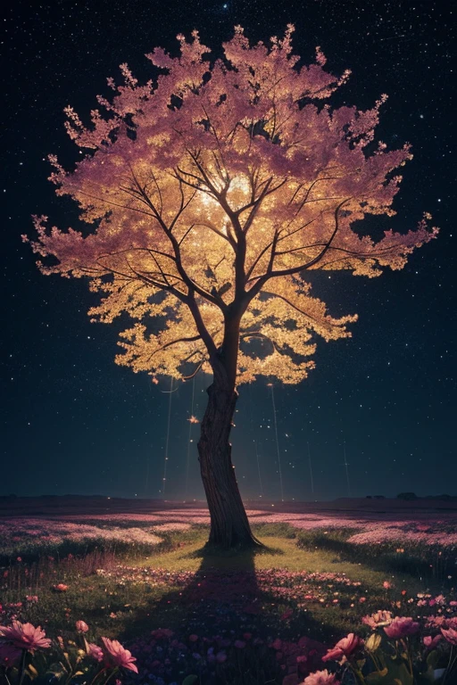 A shimmering cosmic Tree of Life, its golden branches reaching towards the heavens. This bewitching image is a digital artwork that portrays the ethereal beauty of a sacred tree, signifying life and growth. The intricate details of the tree's branches and leaves shimmer with a beautiful light, symbolizing hope and renewal. The overall composition is a masterful blend of light and shadow, creating a mesmerizing and otherworldly atmosphere full of flowers that captivates the viewer's imagination), Detailed Textures, high quality, high resolution, high Accuracy, realism, color correction, Proper lighting settings, harmonious composition, Behance works.