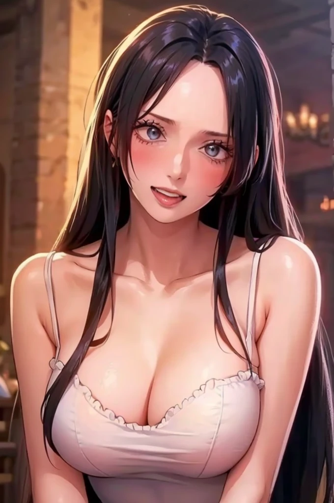 best quality, masterpiece, highly detailed,1girl, Boa Hancock, , (masterpiece:1.5), Detailed Photo, Smiling, Sexy, (8K, Best Quality: 1.4), (1girl), Beautiful Face, (anime realistic Face), (Black Hair, long Hair: 1.3), Beautiful Hairstyle, Realistic eyes, beautiful detail eyes, (white skin), beautiful skin, absurd, attractive, ultra high resolution, ultra realistic, high definition, golden ratio, (sexually aroused:1.5), Pinkish white skin, cool white light, sexy pose, Beautiful , white background, pink soft white light, Wear a black bodycon dress