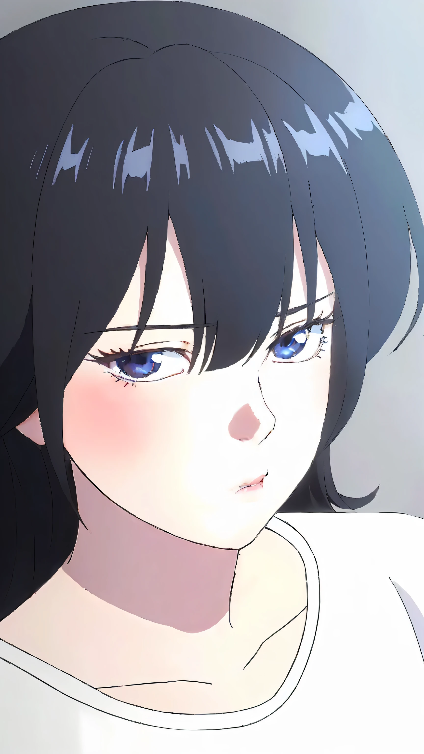 anime girl with black hair and blue eyes staring at something, anime visual of a young woman, close up of a young anime girl, anime visual of a cute girl, kuvshinov ilya, gapmoe yandere, ilya kuvshinov. 4 k, ilya kuvshinov face, cel shaded anime, & her expression is solemn