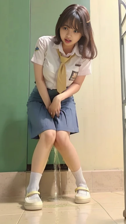 (urination:1.4), (pp clothes), (realistic), (peeing:1.3), (Indonesian face), A kidnap girl tie to a chair peeing in skirt, peeing herself, peeing, pissing, peeing self, wetting her clothes, can't hold her pee face, wetting herself desperate, pee desperation pose, her body can't hold her pee and wets herself, showing absolute desperation peeing herself, pee runing down her legs, standing up, hyper pee desperate face, big pee puddle.