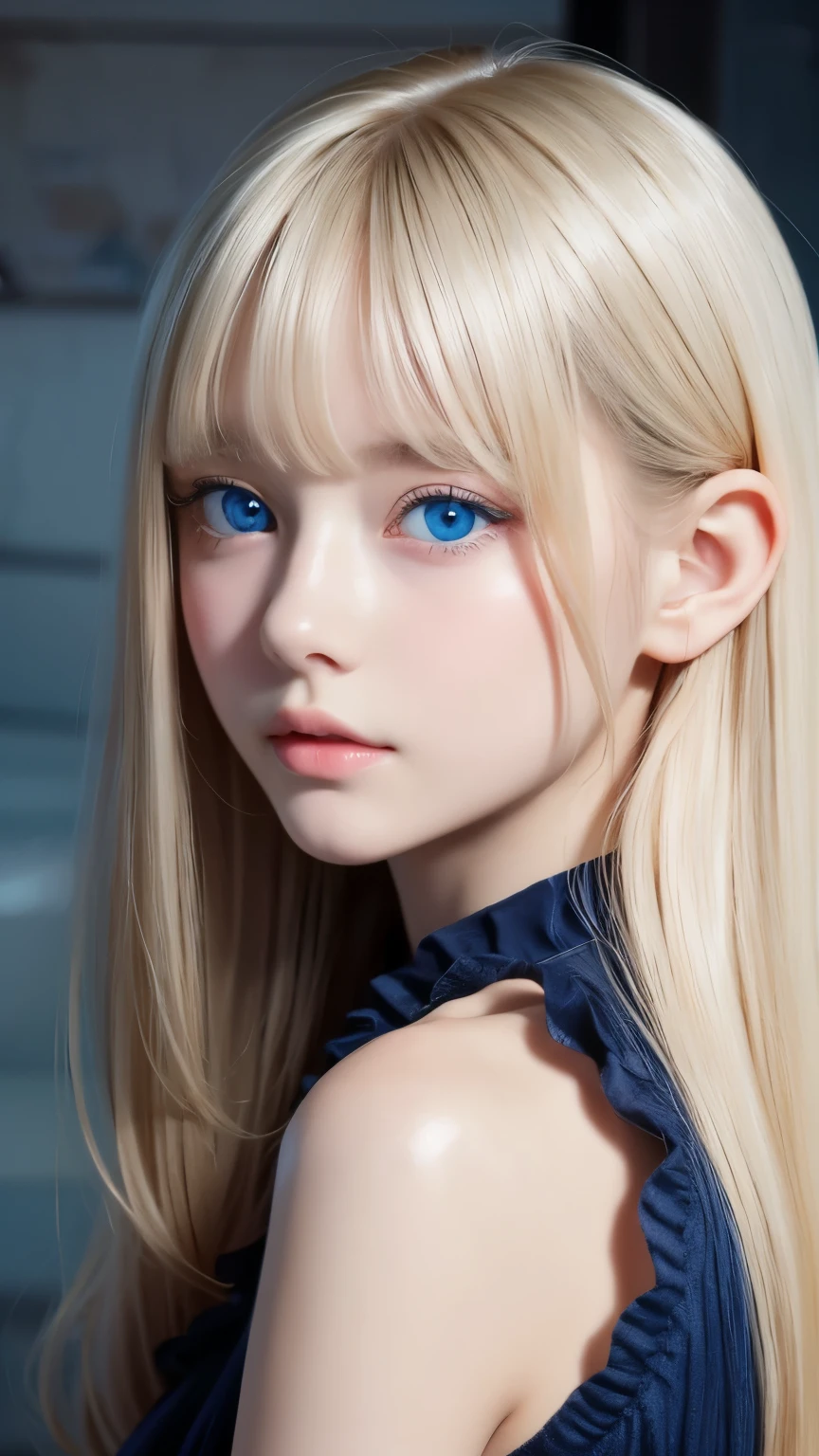 Flying debris, highest quality, shape, Very detailed, The finer details, High resolution, 8K Dende Wallpaper, Perfect dynamic composition, Beautiful, fine, bright blue eyes, dress, Super long platinum blonde hair,Bangs between the eyes、 Hair above the eyes, bangs on the face、Natural color lip, Random sexy poses,Embarrassed look,Beautiful 15 year old girl，Cute type、Very beautiful, large, bright blue eyes that shine beautifully.、Very big eyes、Cheek highlight、Very white and beautiful skin、Glowing Skin、Small Face Girl