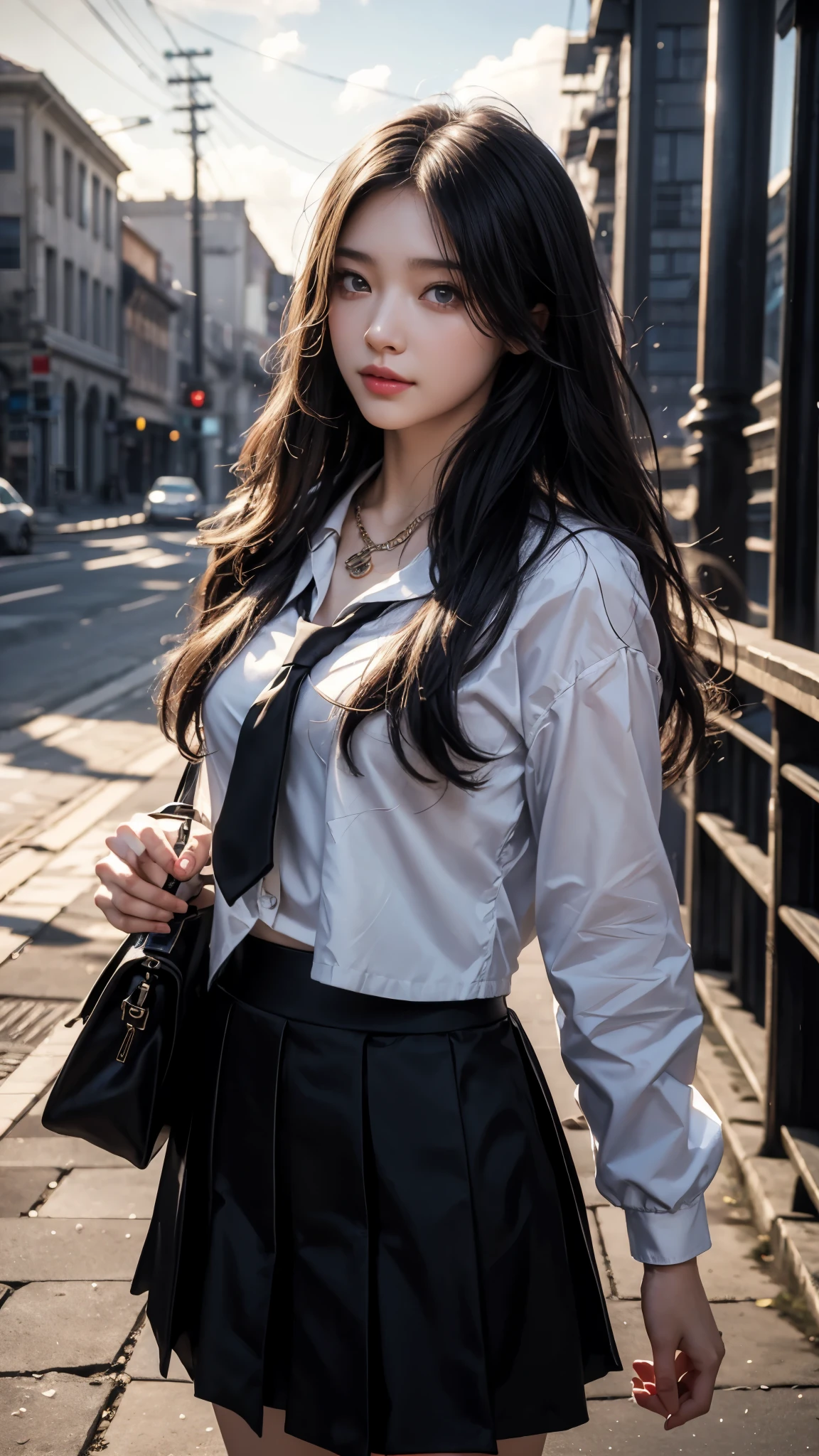 8k ultra high definition，RAW photos，A man wearing business clothes stands on the street、Beutiful women，eBlue eyes，The face  delicate，The skin  delicate and smooth，plumw），vests，short  skirt，skirt that wraps around the hips，lean legs，livestock，Tulle coat，Athletic stance，(True humans:1.3)，(A high resolution:1.4)，(Detailed pubic hair:1.5)，(フォトリアリスティック:1.7)，RAW photos，Portrait photos，True humans，RAW photos，超A high resolution，photographyrealism，Best quality at best，(highdetailskin，skin detailed)，Visible Pore，Skin glows，tmasterpiece，Detailed pubic hair，dyeing，Extremely Delicately Beautiful，Extremely detailed 8K wallpaper，8K high image quality，Digital SLR，beuaty girl，With beautiful details，(looking at viewert)，Professional photography lighting，Faraway view，in a panoramic view，stand posture，Full body photo