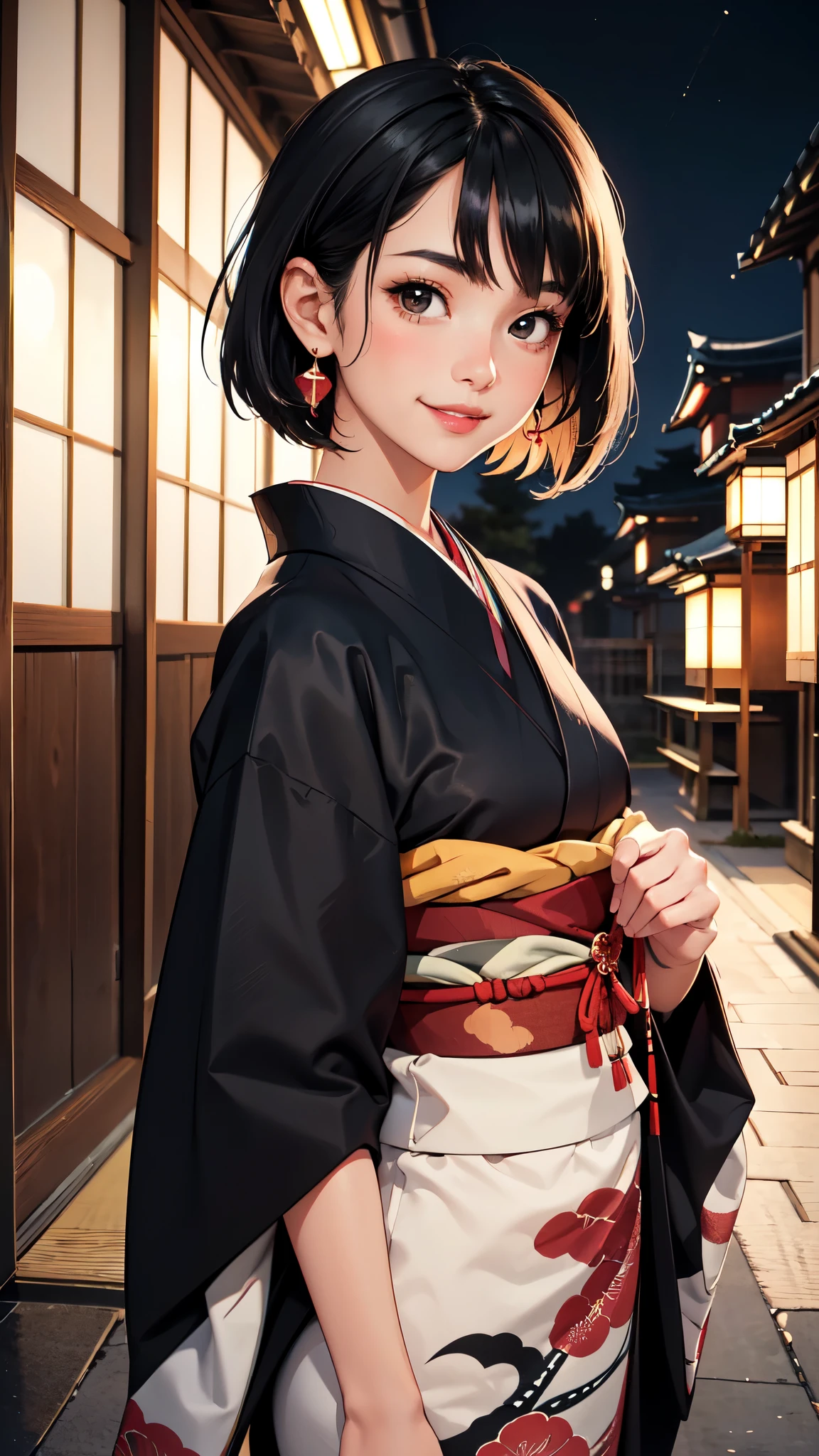 (RAW photo, best quality), (Beauty photography:1.3),(masterpiece), upper body,japanese,1girl, ((short Black hair)), looking at the viewer, standing, smiling, earrings, outdoors, Detailed traditional Japanese kimono,asymmetric_bangs,JAPAN  night view