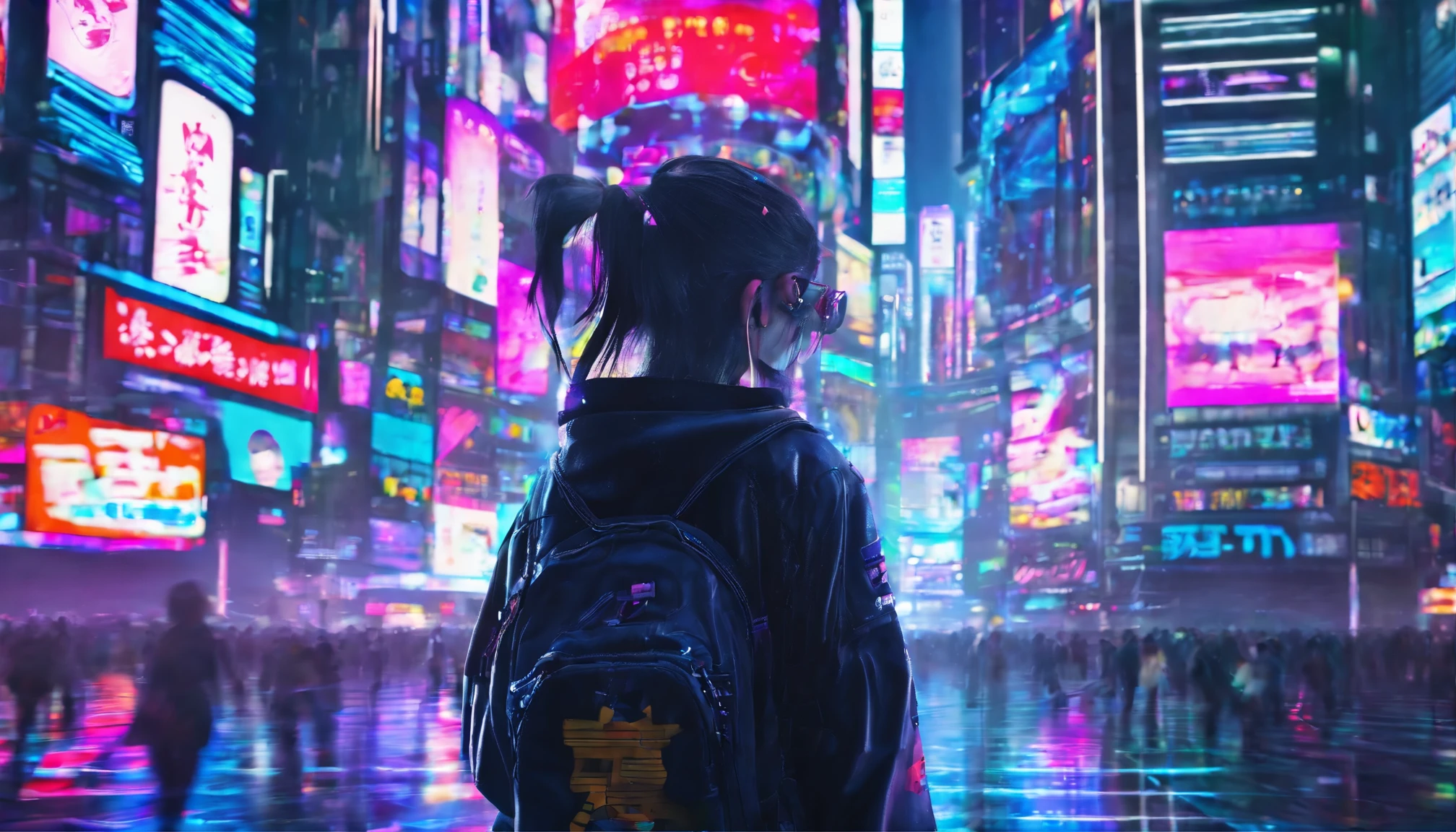 Young cyber fashion girl standing at real Shibuya crossing in Japan, Full body back view, Subject is in the center of the load, Super zoom out shot, Cyber-cute fashion like an animation, chromatic aberration, Wide-angle shot, Wide-angle lens, Hyper Real, Photo realistic, High Contrast, 8k, 4K, High resolution, Japanese Landscape, Kawaii Japan,