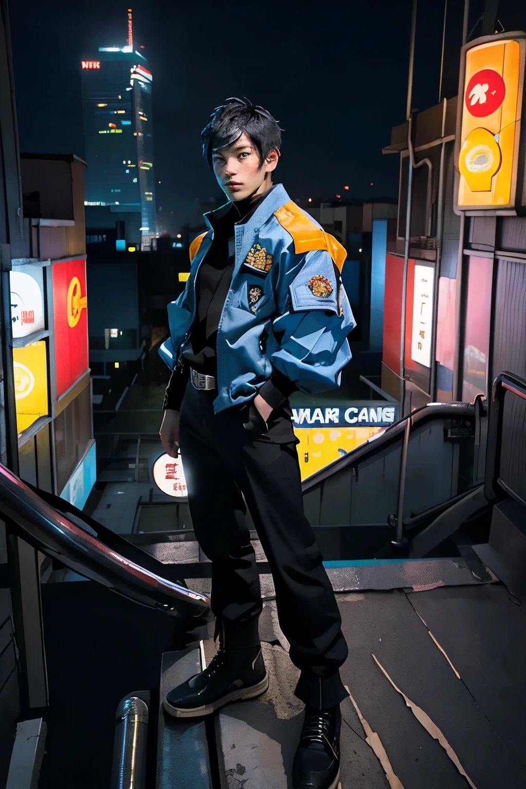 "Create a heroic and triumphant image of Yoru, the Japanese duelist from Valorant, standing victorious after a successful mission. Yoru should be standing on a rooftop, overlooking a futuristic city at night, with neon lights and towering skyscrapers. His blue jacket should be fluttering in the wind, and he should have a confident, satisfied expression. The scene should convey a sense of achievement and mastery."