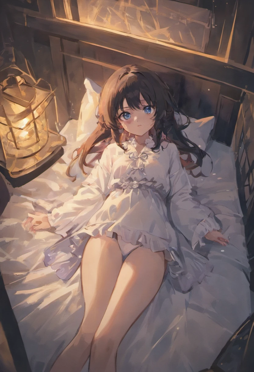 Not an old witch，Full body portrait，Lying in bed，Black hair and blue eyes，White robe，Flawless legs，White skin，两侧开口很高的White robe，Weakness，Tears in the eyes