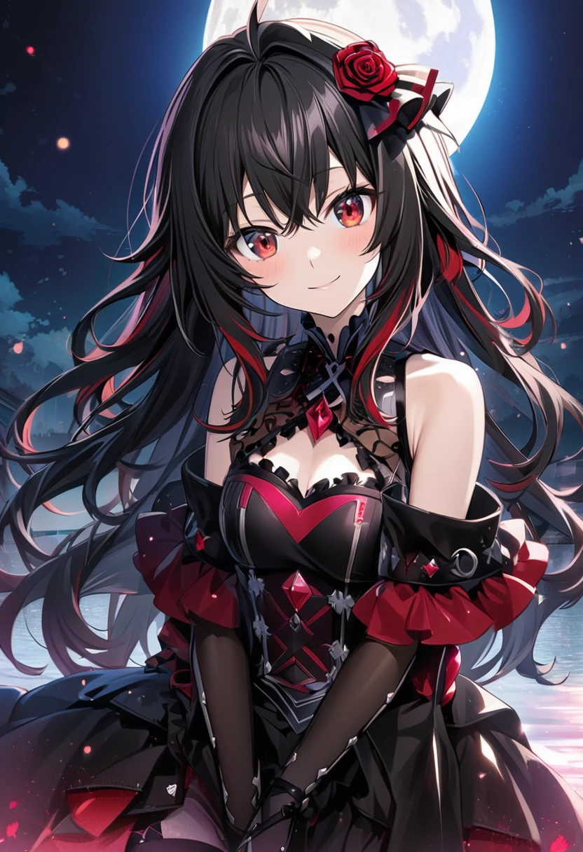 Hyakuya Mikaela \(AKB0048 Next Stage\), long black hair, ruby red eyes:1.2, dark costume, bangs, gentle smile, black rose hair ornament, ((ultra-detailed)), ((illustration)), ((neat hair)), (beautiful detailed eyes), female, 1girl, ((moon reflection)), looking at viewer