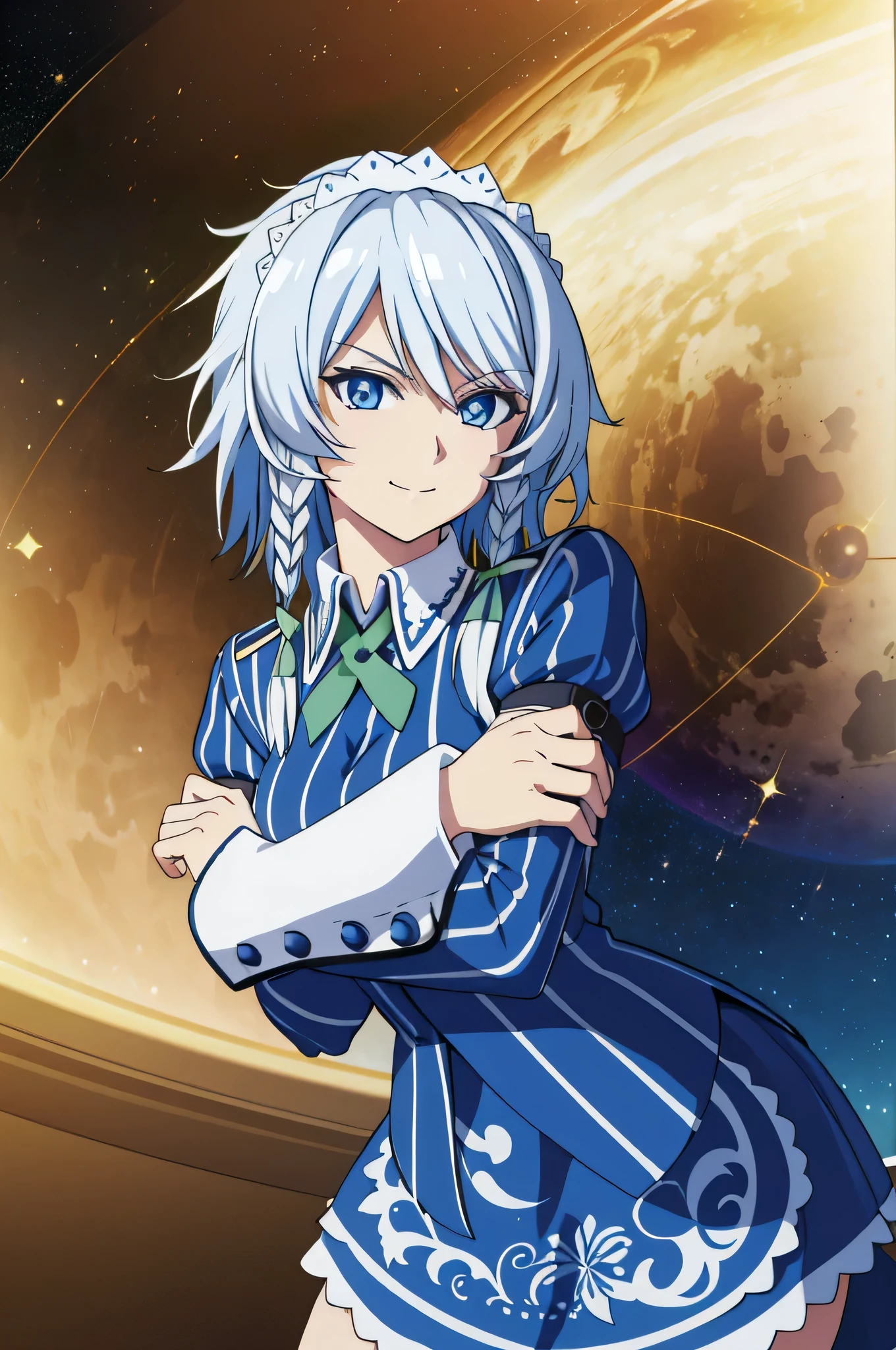 (high-quality, breathtaking),(expressive eyes, perfect face) 1female, female, solo, smiling, warm soft smile, , Venus planet, space background, portrait, upper body, magic, , sakuya izayoi, silver hair, maid dress, white apron, very short skirt, sexy pose,, sleeveless outfit, detailed face, detailed eyes, fresh blue eyes, big green ribbons, blue outfit, small-to-medium breasts, white hair, bowtie girl, white maid headband, close up