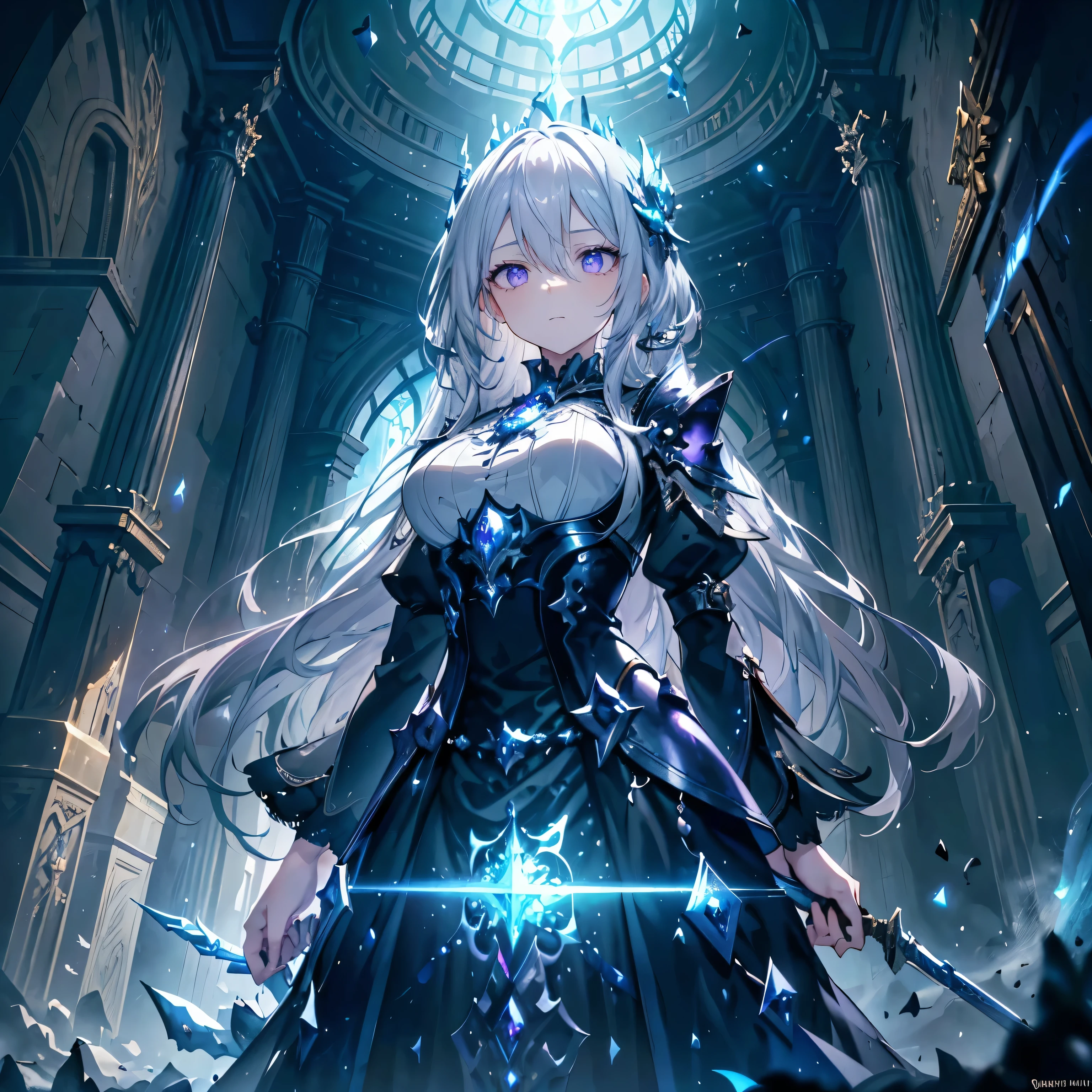 (highest quality, masterpiece, Super detailed, very detailed, exquisite, 16k, confused, Full HD), Castles with Gothic architecture, luxurious and luxurious decoration,((collapse)),sad,(Hold a sword in your right hand),(Use your left hand to cast blue flame magic.),(fairy knight princess, purple eyes, Big eyes, white skin, expensive, slim, thin and long),(decided, gone crazy, serious expression), gray hair, (fantasy, romantic atmosphere), magical armor, realistic, ,(medium shot), (from below), low angle shot,  Front view, ((Symmetrical configuration)), shine, (dramatic lighting), (cinematic lighting), (volume lighting), (dynamic lighting), (architectural photography)