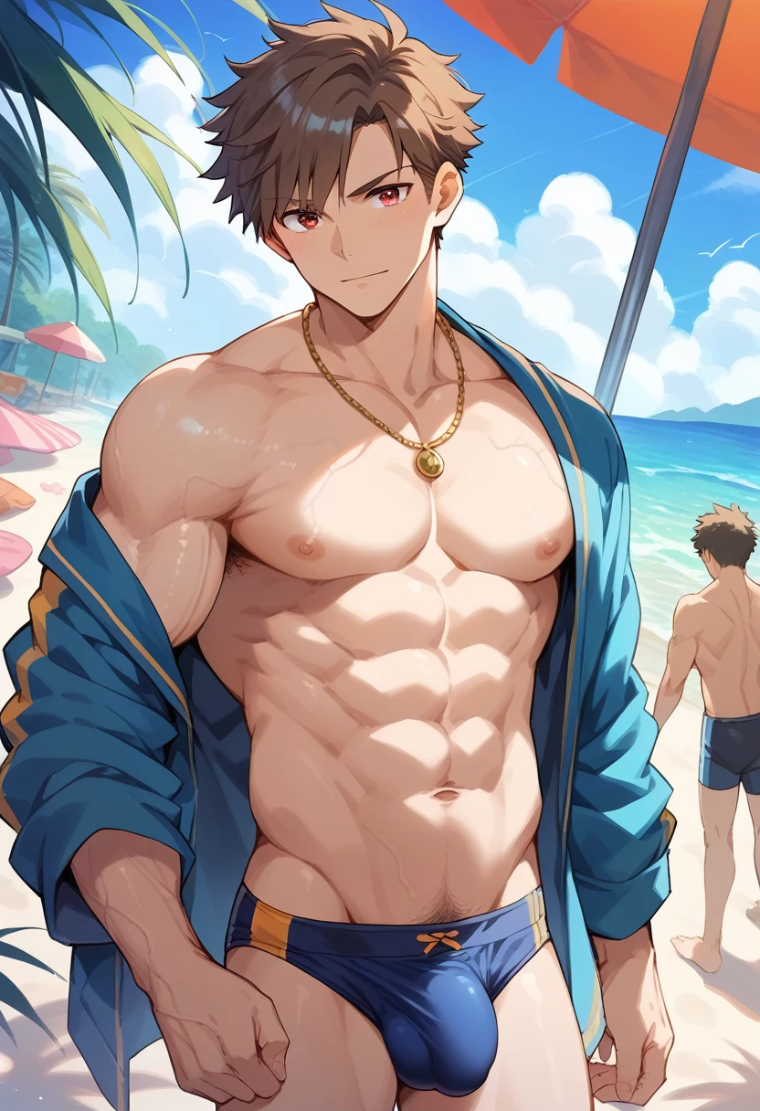 (score_9,score_8_up,score_7_up,score_6_up,score_5_up,score_4_up), best quality, best lighting, high-definition background, in FGO style, 1 boy is 18 yo, brown hair, red eyes, muscled, topless, ((veiny arms)), speedo, (bulge with penis and testicle shape), , beach, public hair,