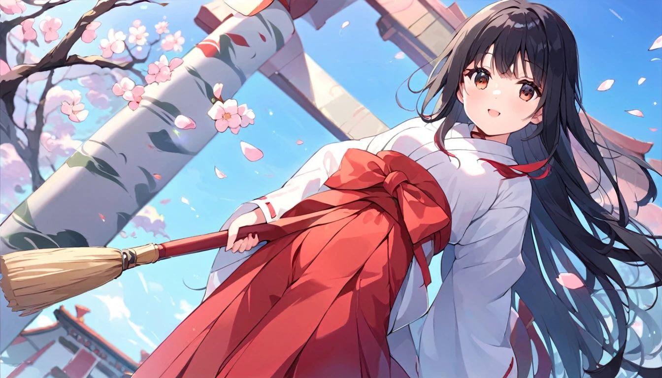 masterpiece, best quality, score_9, score_8_up, score_7_up, score_6_up, source anime, perfect anatomy, rating safe, absurdity, 1girl, Long black hair anime girl holding a broom in front of a building, miko, shrine maiden, white yukata, red long hakama, white juban, 